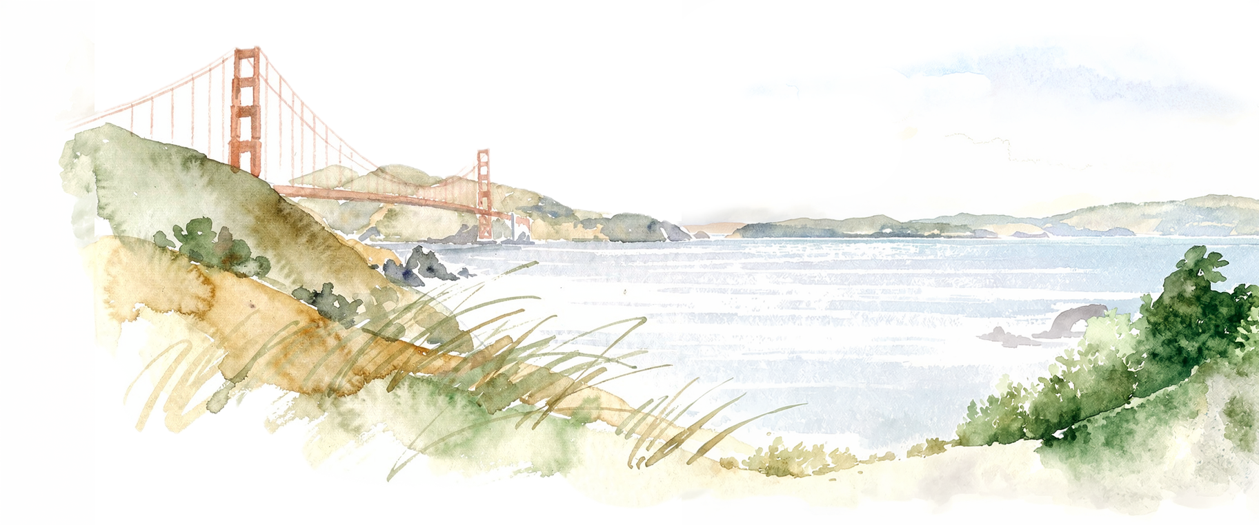 Watercolour of the Golden Gate Bridge from the Presidio